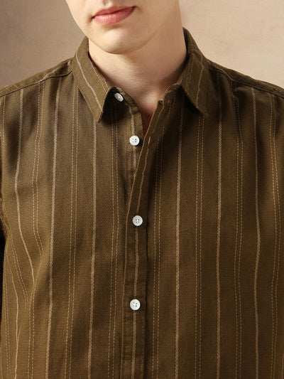 Men's Olive Cotton Dobby Spread Collar Half Sleeves Striped Shirt