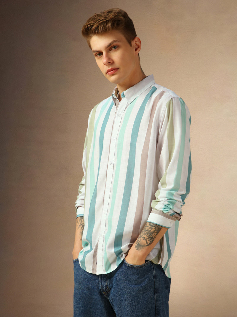 Men's Multi Color Printed Stripes Button Down Collar Full Sleeves Shirt