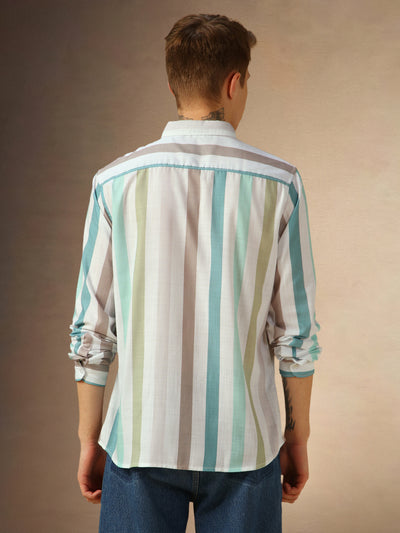 Men's Multi Color Printed Stripes Button Down Collar Full Sleeves Shirt