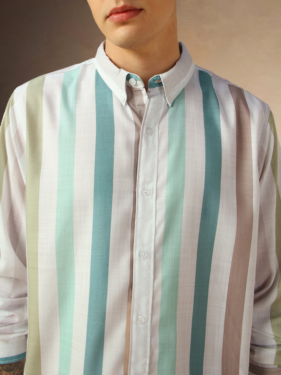 Men's Multi Color Printed Stripes Button Down Collar Full Sleeves Shirt