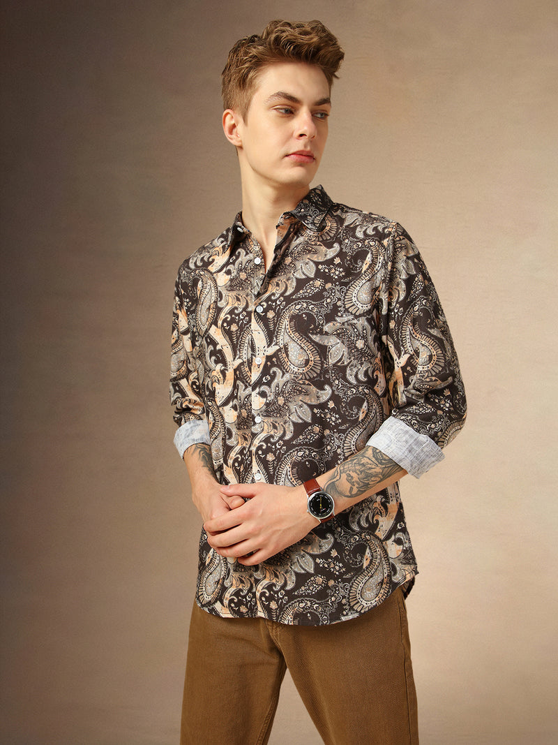 Men's Brown Printed Spread Collar Full Sleeves Shirt