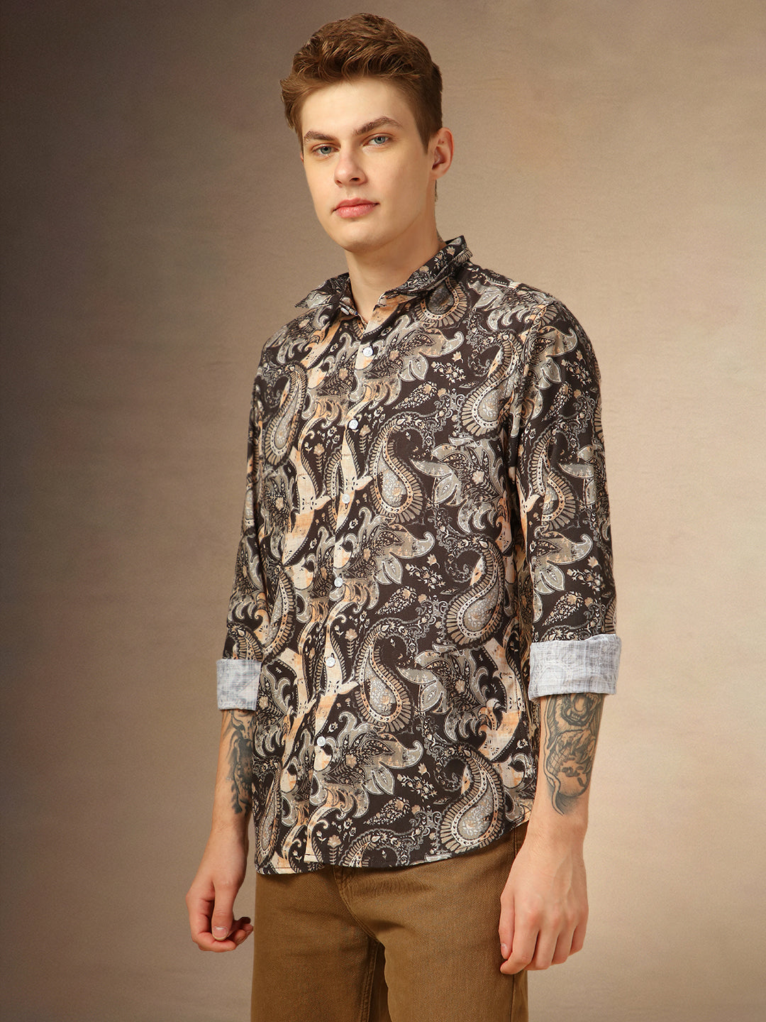 Men's Brown Printed Spread Collar Full Sleeves Shirt