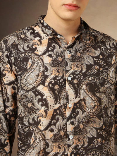 Men's Brown Printed Spread Collar Full Sleeves Shirt