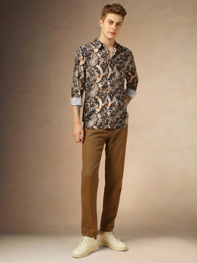 Men's Brown Printed Spread Collar Full Sleeves Shirt