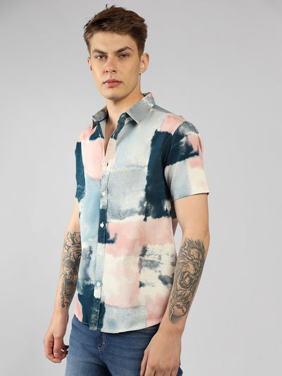 Men's Pink Half Sleeves Abstract Print Casual Shirt