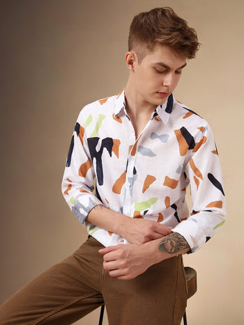 Men's White Printed Spread Collar Full Sleeves Cotton Slub Casual Shirt