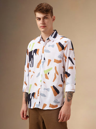 Men's White Printed Spread Collar Full Sleeves Cotton Slub Casual Shirt