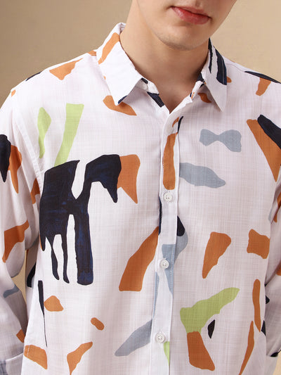 Men's White Printed Spread Collar Full Sleeves Cotton Slub Casual Shirt