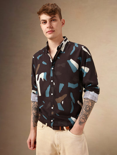 Men's Black Printed Spread Collar Full Sleeves Cotton Slub Casual Shirt