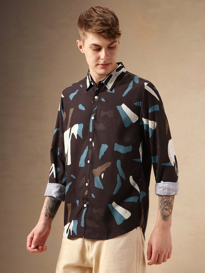 Men's Black Printed Spread Collar Full Sleeves Cotton Slub Casual Shirt