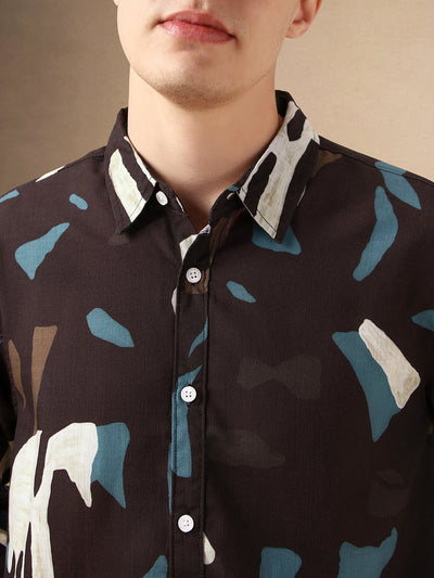 Men's Black Printed Spread Collar Full Sleeves Cotton Slub Casual Shirt