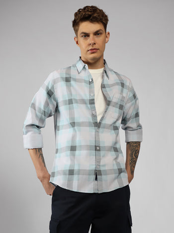 Men's Blue Checks Spread Collar Full Sleeve Regular fit Shirt