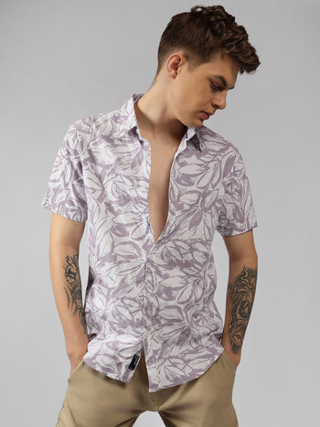 Men's Pink Floral Print Spread Collar Short Sleeves Relaxed Fit Casual Shirt