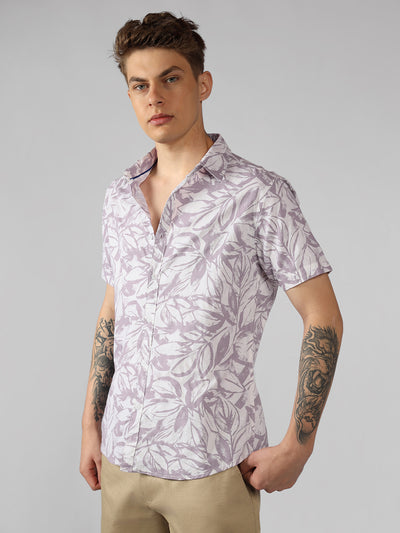 Men's Pink Floral Print Spread Collar Short Sleeves Relaxed Fit Casual Shirt