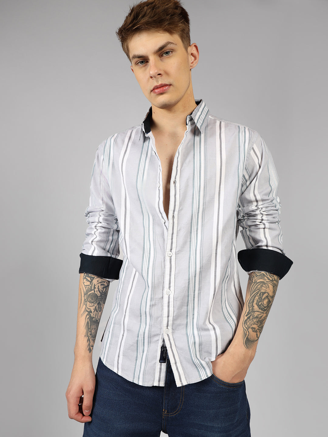 Men's Ash Striped Spread Collar Full Sleeve Regular Shirt