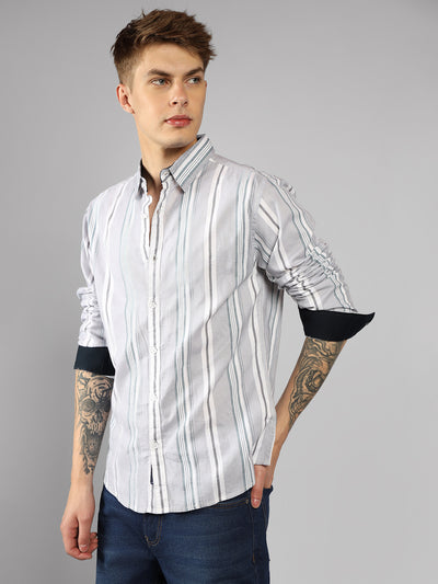 Men's Ash Striped Spread Collar Full Sleeve Regular Shirt