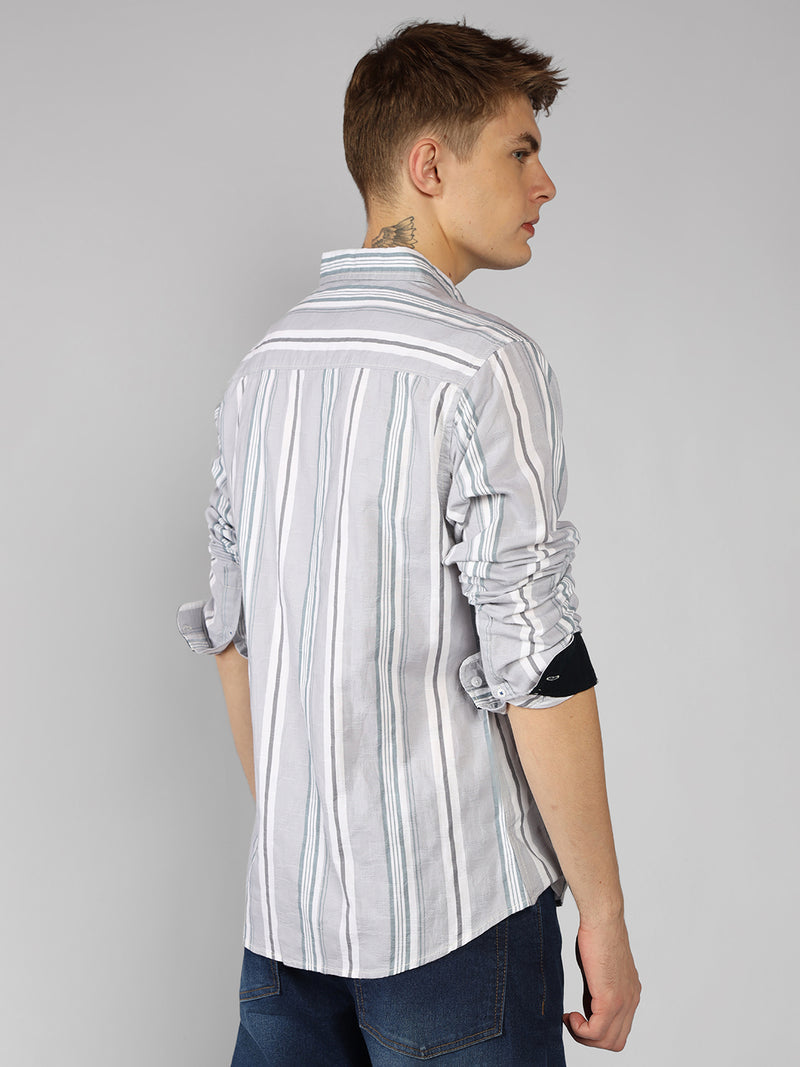 Men's Ash Striped Spread Collar Full Sleeve Regular Shirt