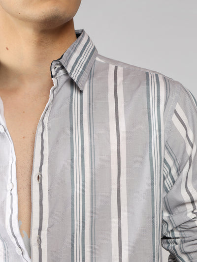 Men's Ash Striped Spread Collar Full Sleeve Regular Shirt