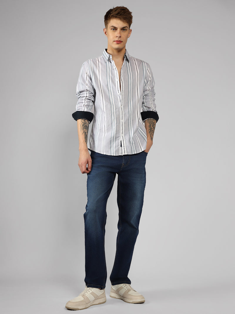 Men's Ash Striped Spread Collar Full Sleeve Regular Shirt