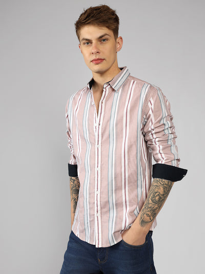 Men's Pink Striped Spread Collar Full Sleeve Regular Shirt