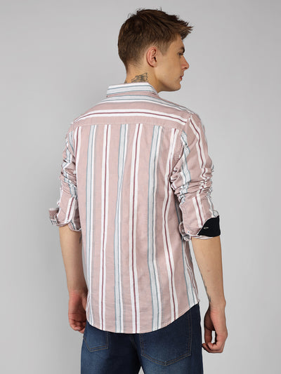 Men's Pink Striped Spread Collar Full Sleeve Regular Shirt