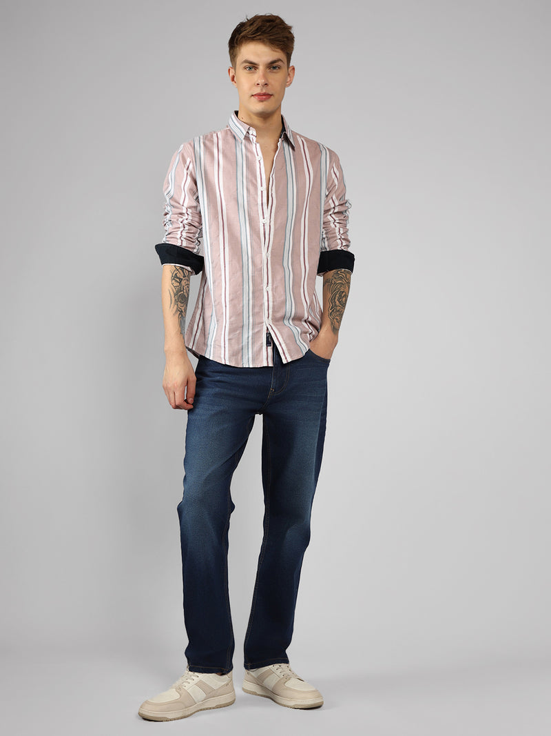 Men's Pink Striped Spread Collar Full Sleeve Regular Shirt