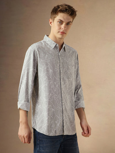 Men's Grey Abstract Print Spread Collar Long Sleeves Relaxed Fit Casual Shirt