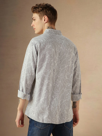 Men's Grey Abstract Print Spread Collar Long Sleeves Relaxed Fit Casual Shirt