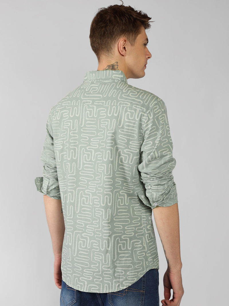 Men's Green Abstract Print Spread Collar Long Sleeves Relaxed Fit Casual Shirt