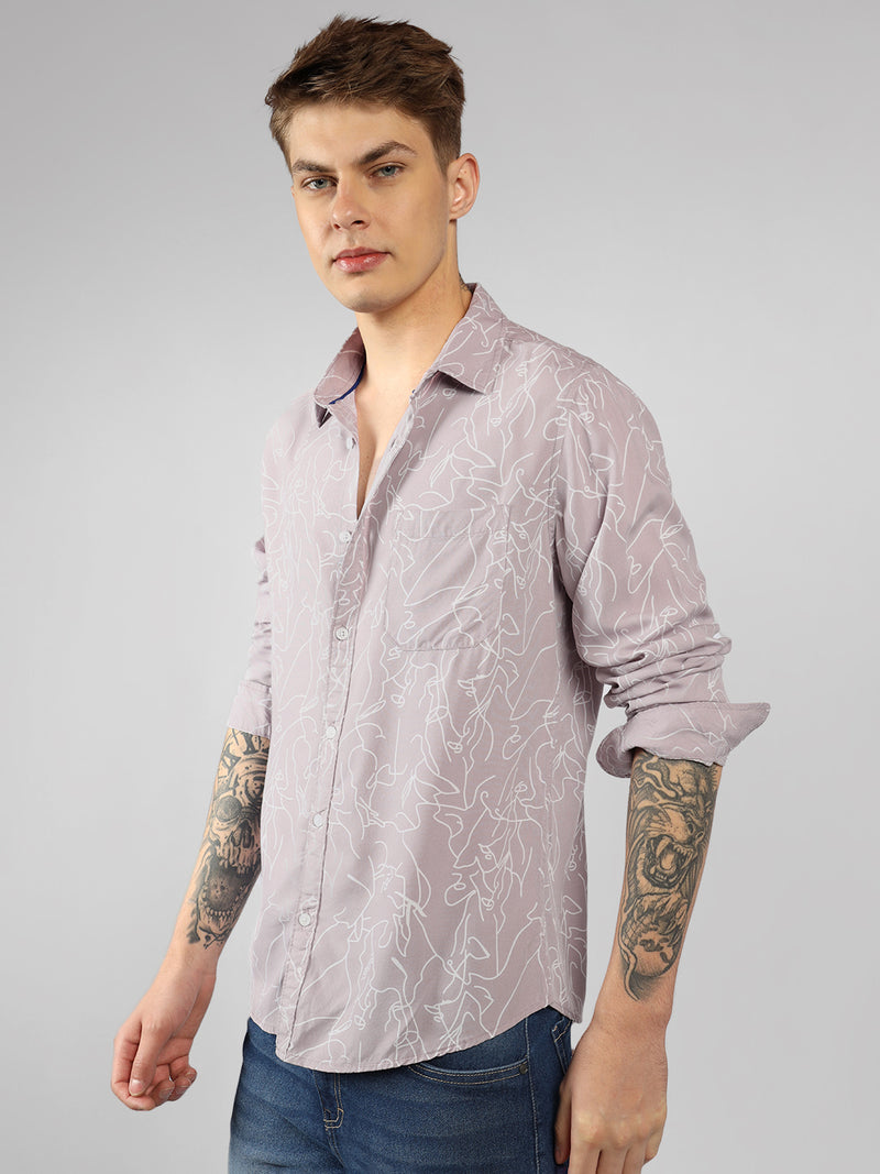 Men's Mauve Floral Print Spread Collar Long Sleeves Relaxed Fit Casual Shirt