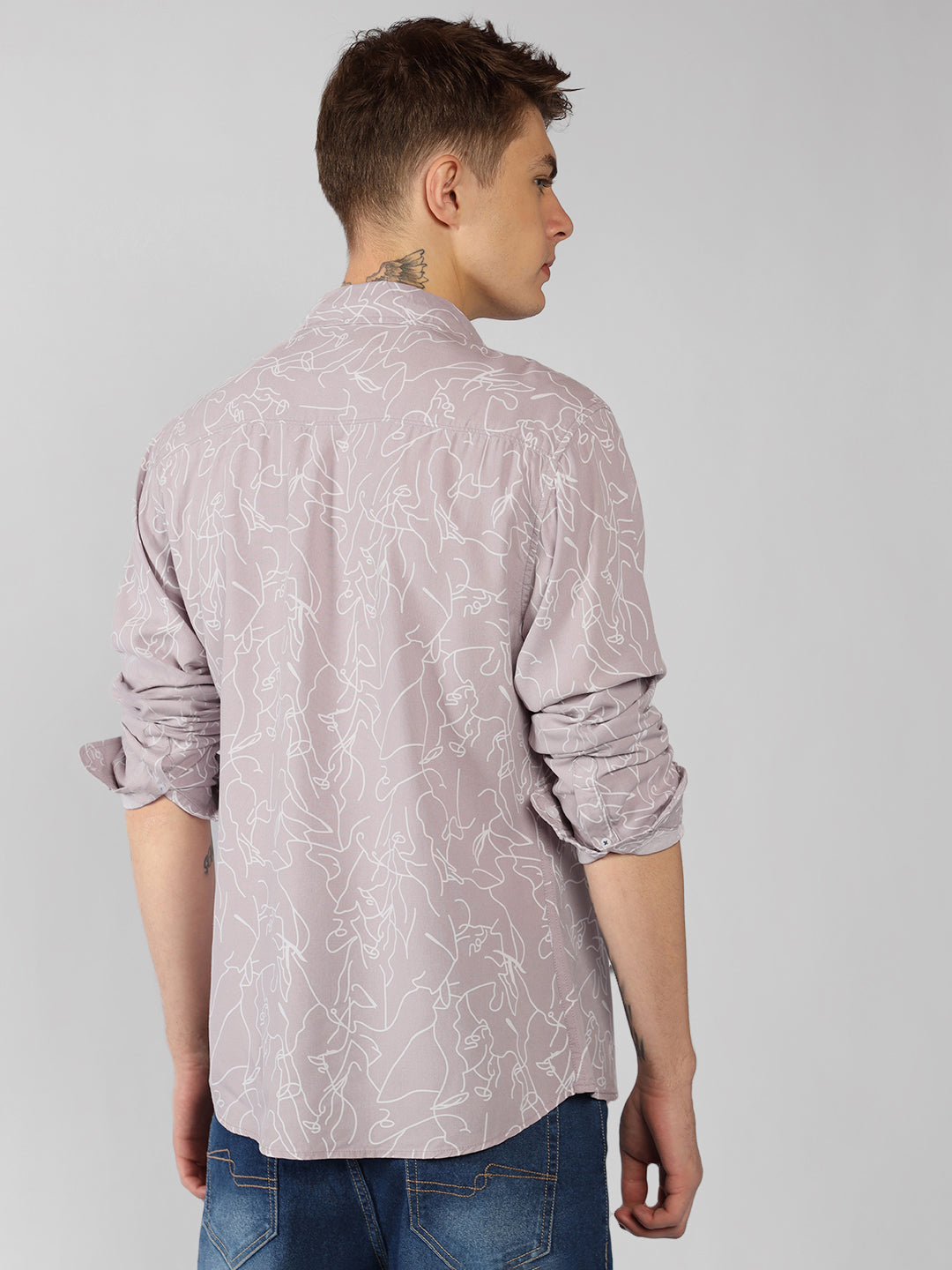 Men's Mauve Floral Print Spread Collar Long Sleeves Relaxed Fit Casual Shirt