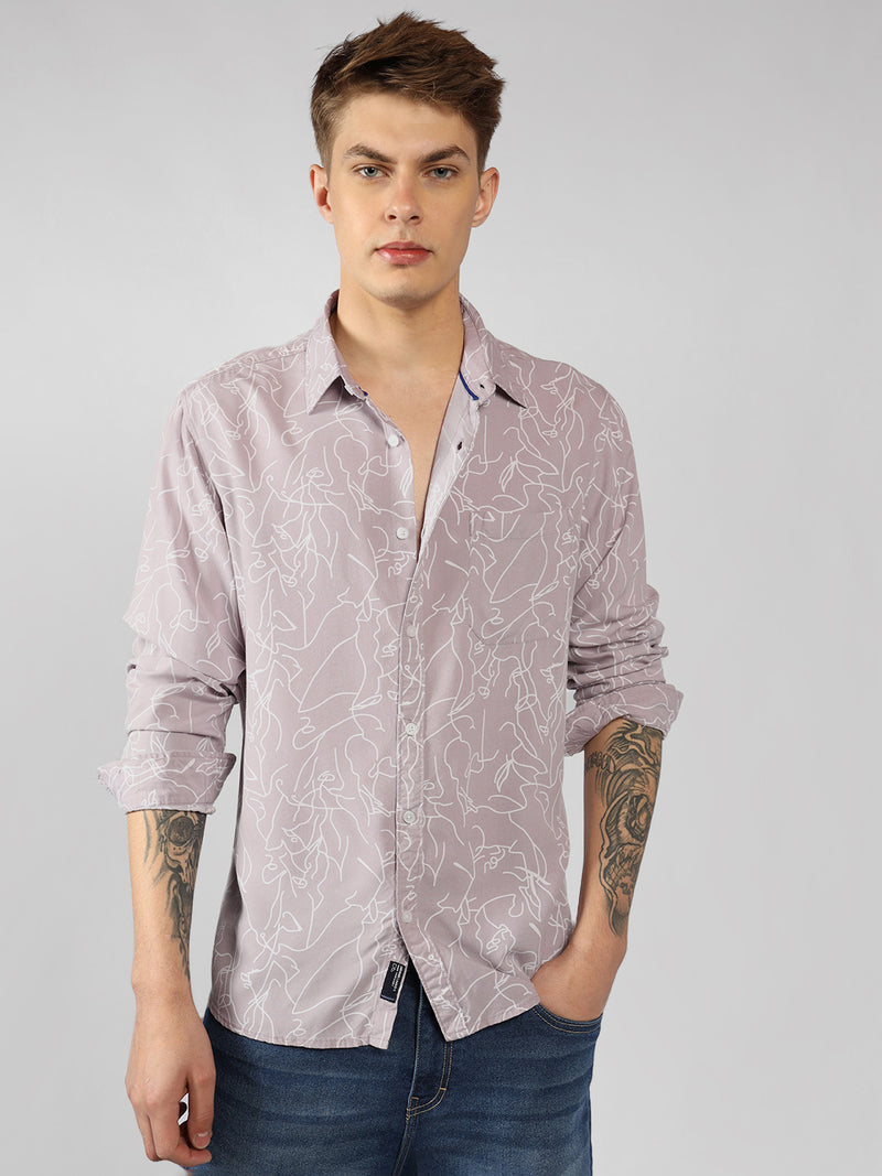 Men's Mauve Floral Print Spread Collar Long Sleeves Relaxed Fit Casual Shirt