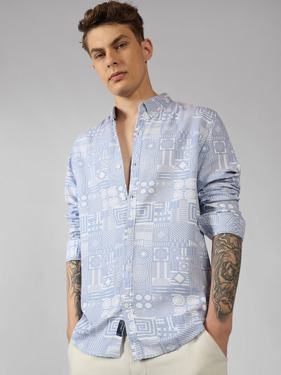 Men's Blue Ethnic Print Spread Collar Long Sleeves Relaxed Fit Casual Shirt