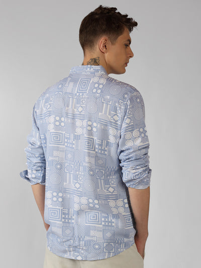 Men's Blue Ethnic Print Spread Collar Long Sleeves Relaxed Fit Casual Shirt