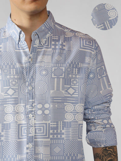 Men's Blue Ethnic Print Spread Collar Long Sleeves Relaxed Fit Casual Shirt