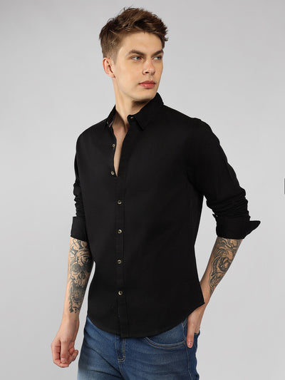 Men's Black Spread Collar Plain Full sleeves Casual Shirt