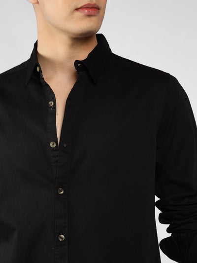 Men's Black Spread Collar Plain Full sleeves Casual Shirt