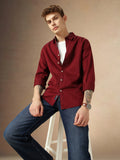 Men's Maroon Solid Spread Collar Long Sleeves Regular Fit Casual Shirt