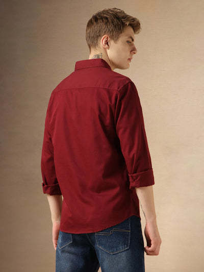 Men's Maroon Solid Spread Collar Long Sleeves Regular Fit Casual Shirt