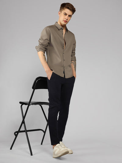 Men's Brown Spread collar Solid Casual Shirt