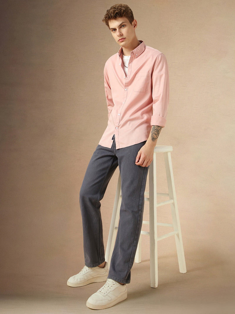 Men's Pink Solid Button-Down Collar Long Sleeves Regular Fit Casual Shirt