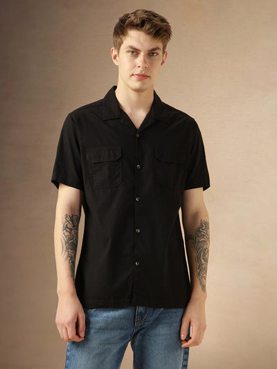 Men's Black Solid Cuban Collar Short Sleeves Relaxed Fit Casual Shirt