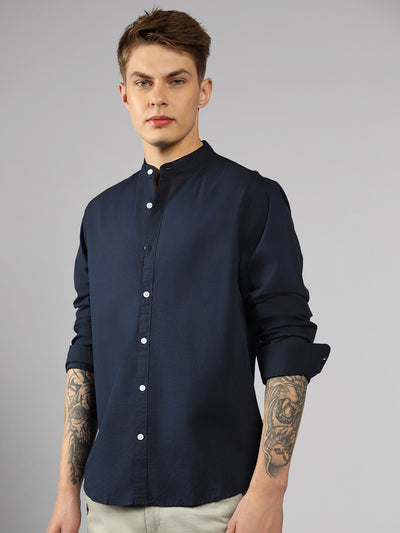 Men's Navy Blue Solid Mandarin Collar Long Sleeves Regular Fit Casual Shirt