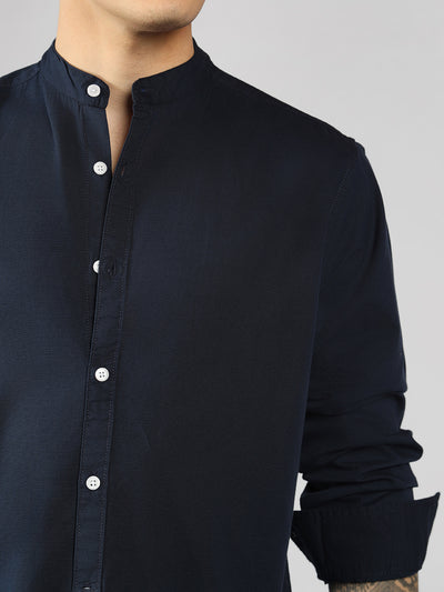 Men's Navy Blue Solid Mandarin Collar Long Sleeves Regular Fit Casual Shirt