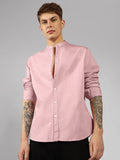 Men's Pink Solid Mandarin Collar Long Sleeves Regular Fit Casual Shirt