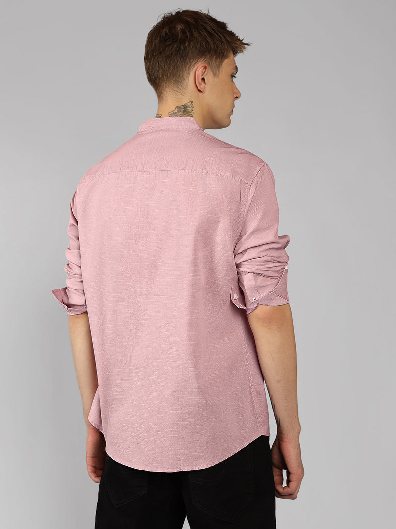 Men's Pink Solid Mandarin Collar Long Sleeves Regular Fit Casual Shirt