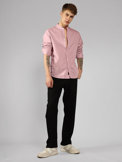 Men's Pink Solid Mandarin Collar Long Sleeves Regular Fit Casual Shirt