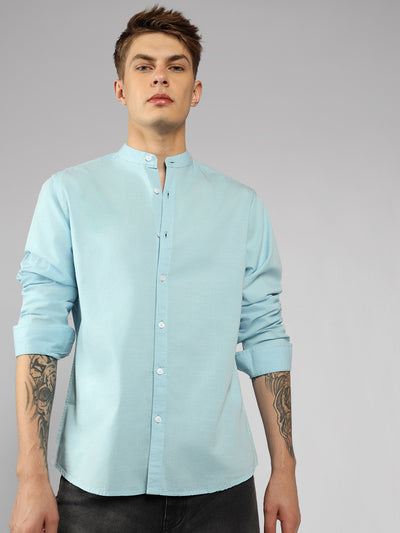 Men's Blue Solid Mandarin Collar Long Sleeves Regular Fit Casual Shirt