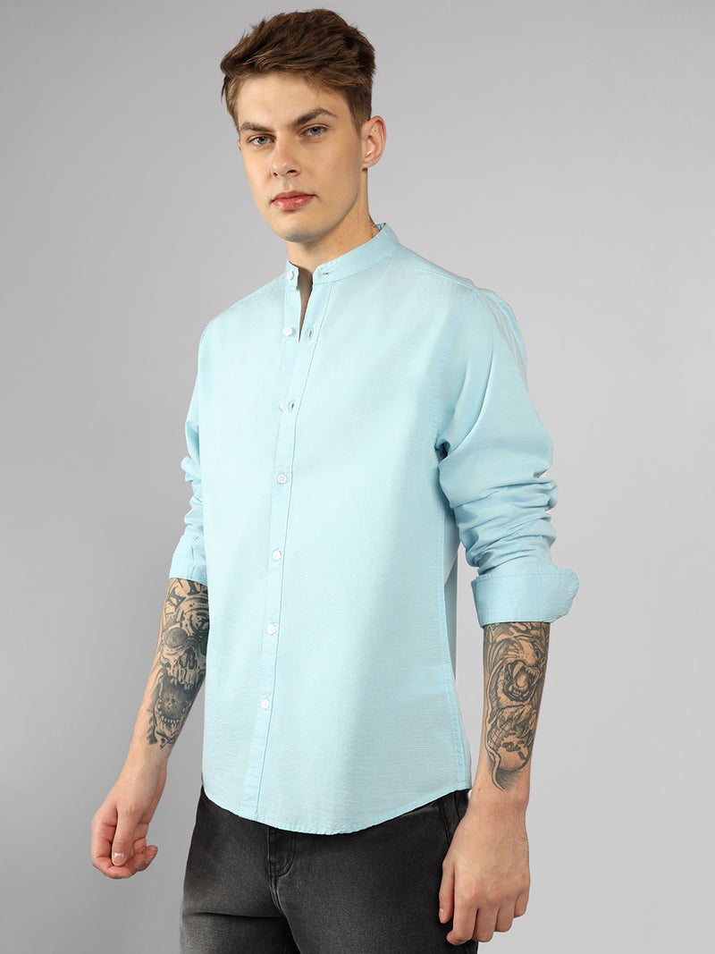 Men's Blue Solid Mandarin Collar Long Sleeves Regular Fit Casual Shirt