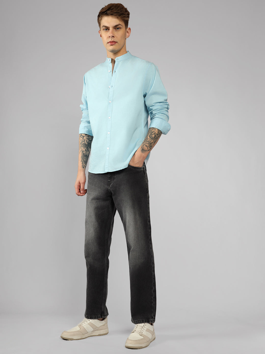 Men's Blue Solid Mandarin Collar Long Sleeves Regular Fit Casual Shirt